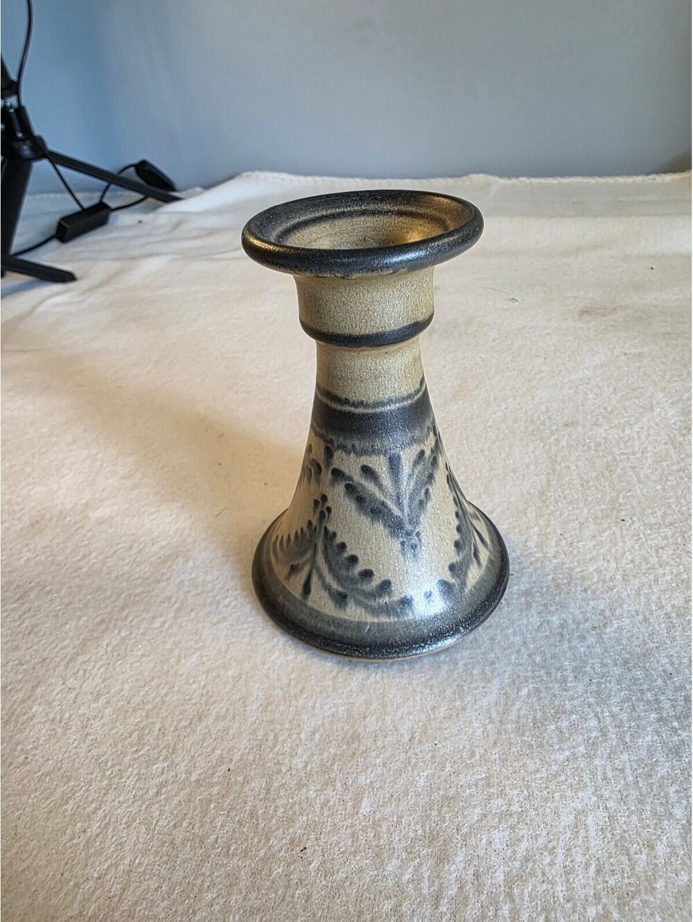 Vintage Signed Studio Pottery Stoneware Candlestick Holder Blue Gray 4"